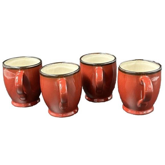Pier 1 Hand Painted Stoneware Colored Rim Crimson Coffee Mugs Set of 4 Mugs - Picture 2 of 7